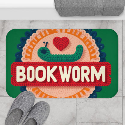 Crochet Bookworm Illustration: Cozy Reader Embroidered Patch Design - Ideal for Bibliophile - Bath Mat