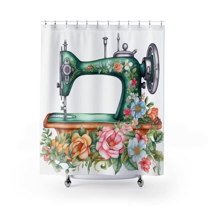 Botanical Garden Green Sewing Machine Illustration, Shabby Chic Tailor Decor, Watercolor - Shower Curtains