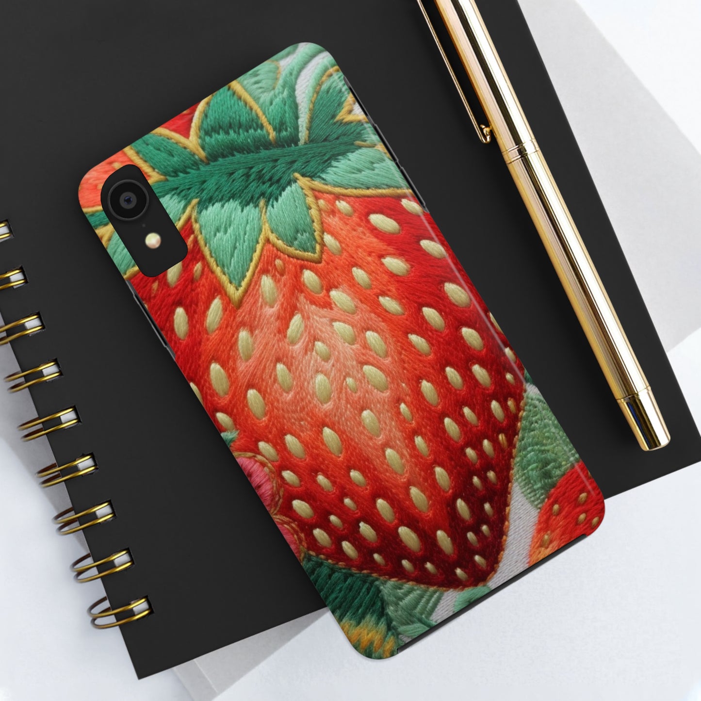 Berry Delight: Sun-Kissed Strawberries Fields Meet Embroidered Style Strawberry Patterns - Tough Phone Cases