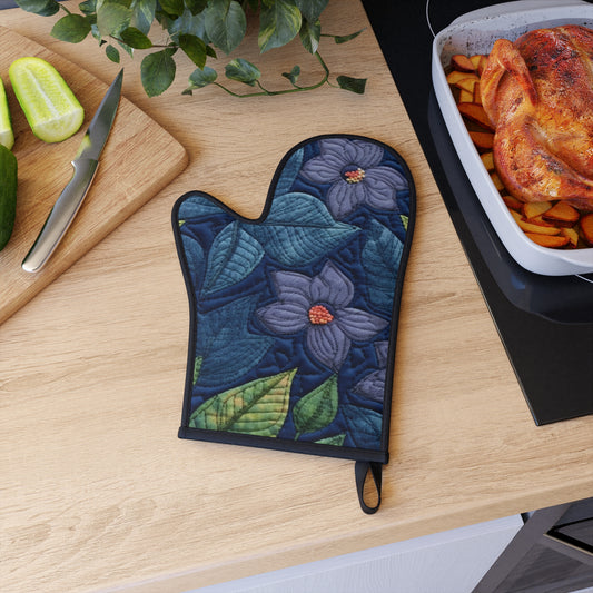 Floral Embroidery Blue: Denim-Inspired, Artisan-Crafted Flower Design - Oven Glove
