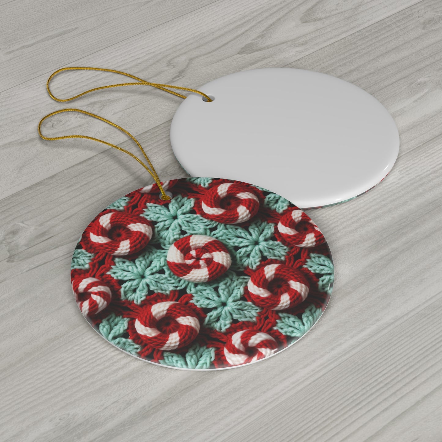 Christmas Crochet Candy Cane - Pepper Red Crystal White Holiday Pattern - Ceramic Ornament, 4 Shapes