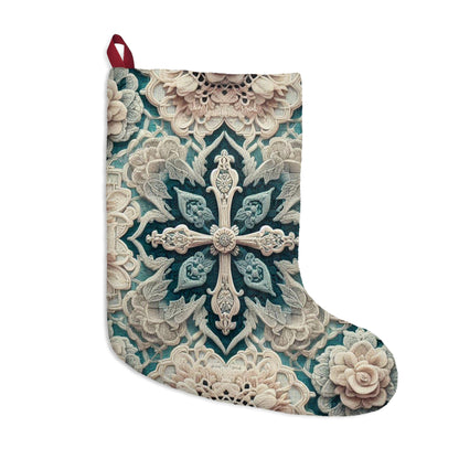 Cream and Teal Floral Symmetry: Intricate Lacework Design with Charm and Artistic Elegance - Christmas Stockings