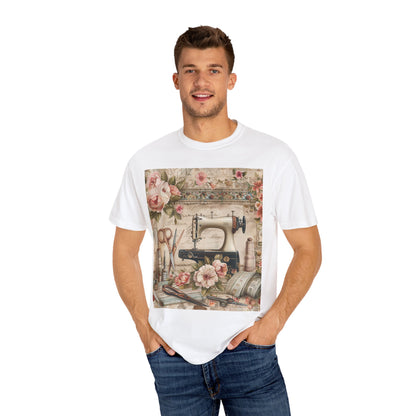 Classic Floral Sewing Ensemble: Vintage-Inspired with Antique Sewing Machine and Scissors - Unisex Garment-Dyed T-shirt