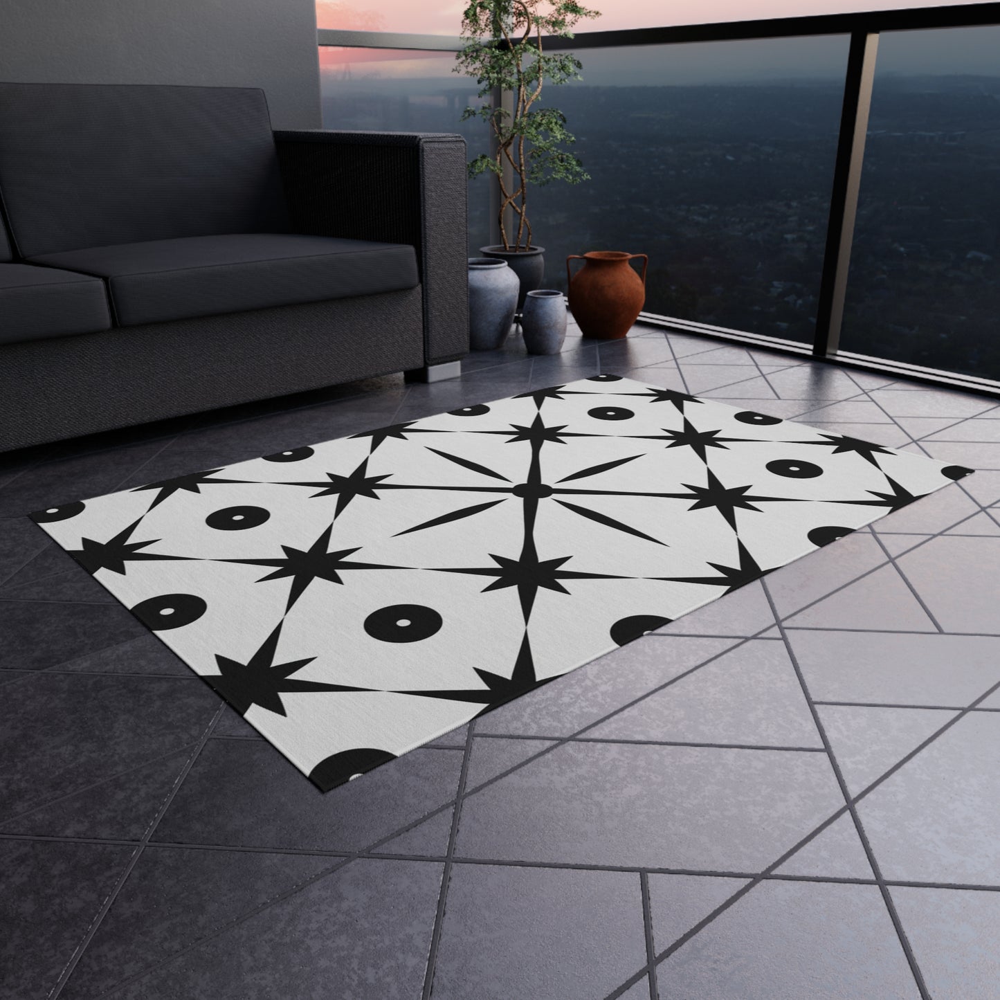 Mid Century Modern Asterisk Design - White & Black Atomic Starburst - Outdoor Rug