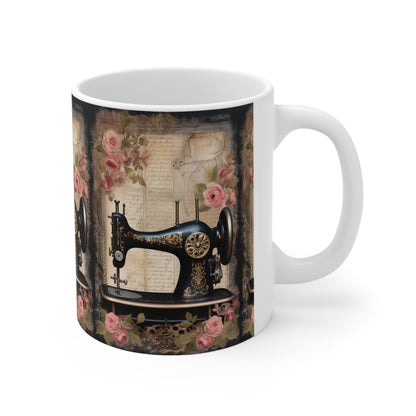 Gothic Black Sewing Machine with Golden Accents and Roses, Classic Tailoring - Ceramic Mug 11oz