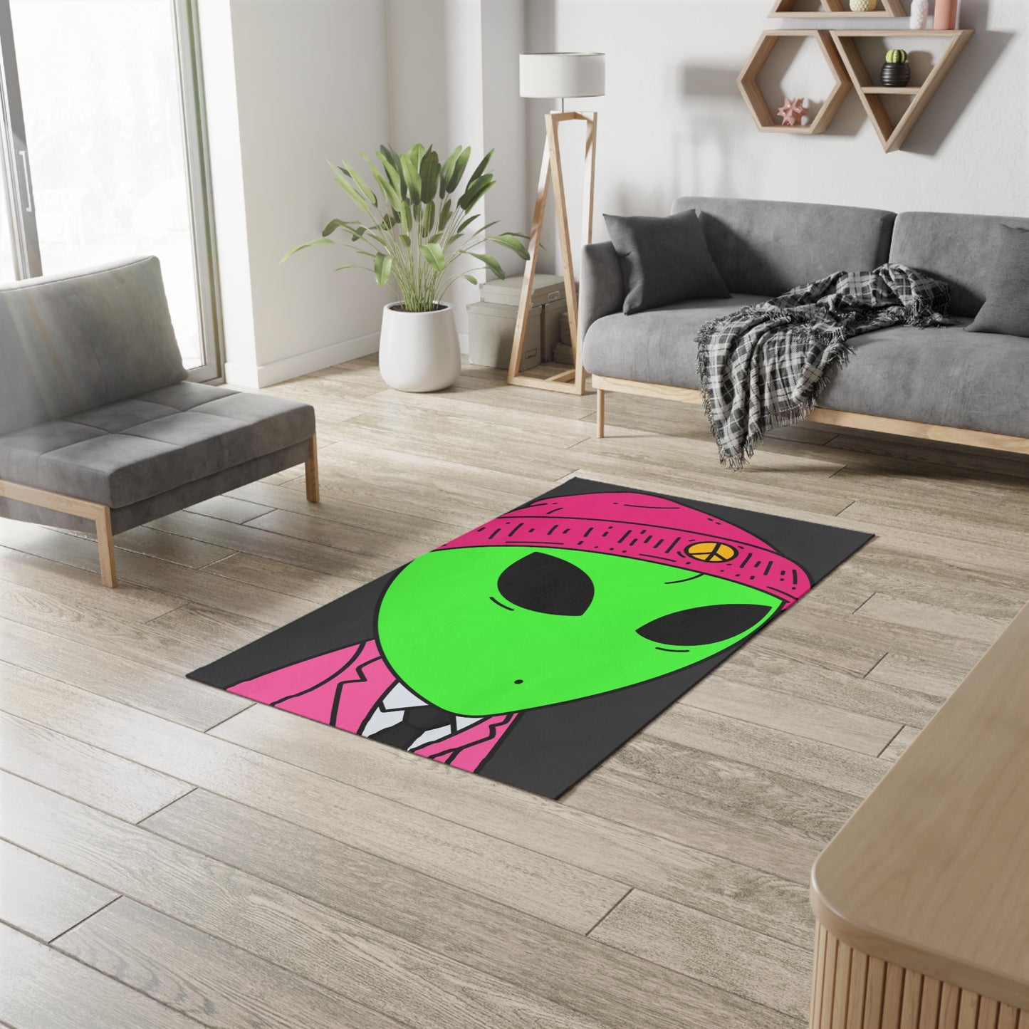 Pink Peace Hat Suit Green Alien Visitor Dobby Rug