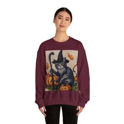 Halloween Cat Magic: Embroidered Style Feline with Pumpkins & Witch Hat - Unisex Heavy Blend™ Crewneck Sweatshirt