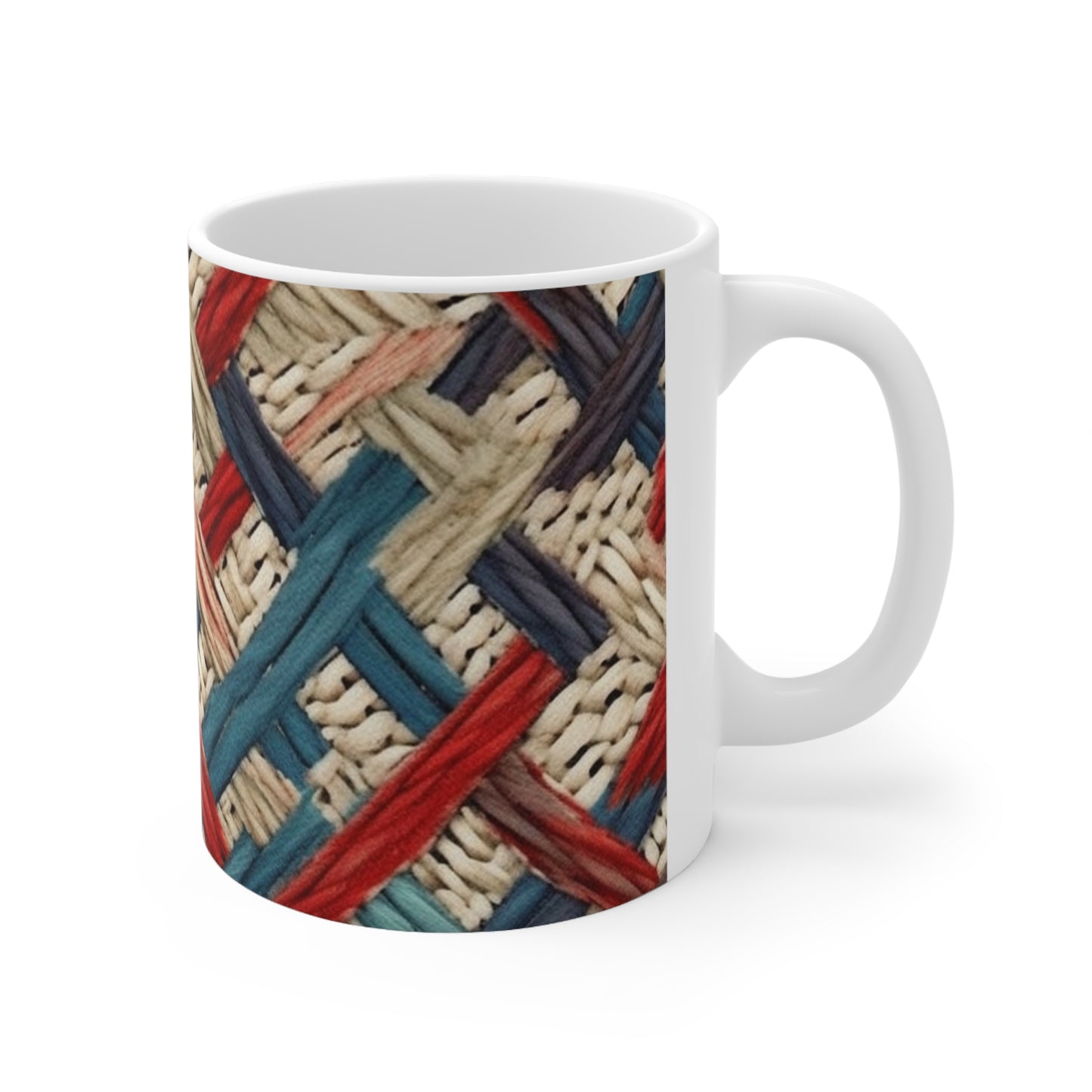 Colorful Yarn Knot: Denim-Inspired Fabric in Red, White, Light Blue - Ceramic Mug 11oz