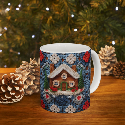 Cottagecore Log Cabin Crochet, Christmas Winter House Design, Rustic Holiday - Ceramic Mug 11oz