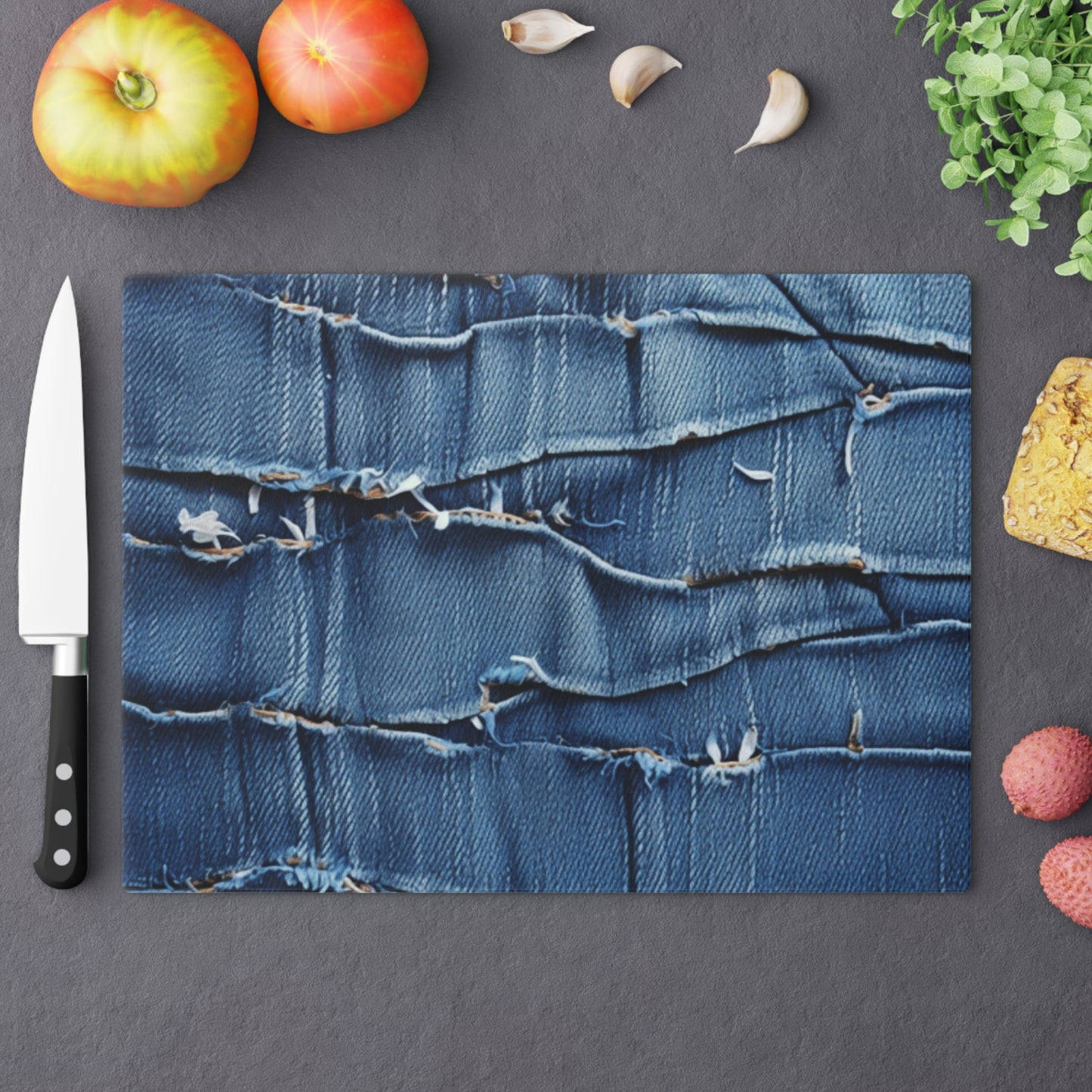 Midnight Blue Distressed Denim: Rugged, Torn & Stylish Design - Cutting Board