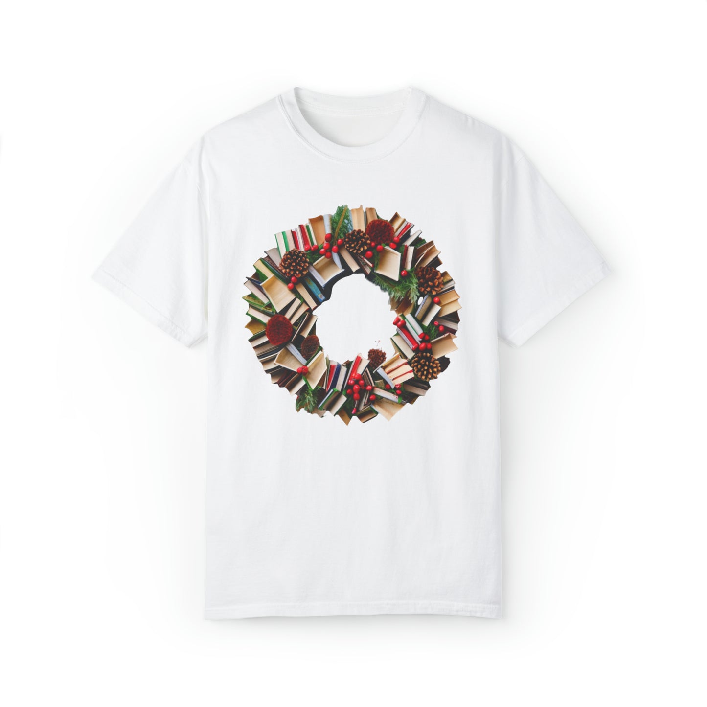 Holiday Book Wreath: Festive Literary Book Lover & Christmas Pinecone Arrangement - Unisex Garment-Dyed T-shirt