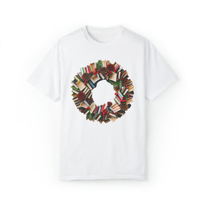 Holiday Book Wreath: Festive Literary Book Lover & Christmas Pinecone Arrangement - Unisex Garment-Dyed T-shirt