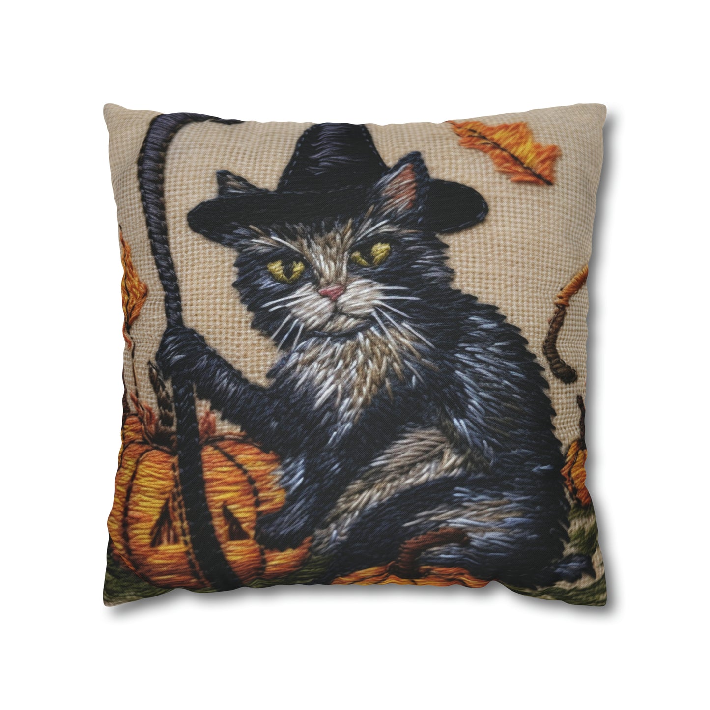 Halloween Cat Magic: Embroidered Style Feline with Pumpkins & Witch Hat - Spun Polyester Square Pillow Case