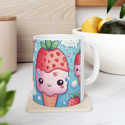 Kawaii Strawberry Sundae Cone - Traditional Japanese Anime Dessert Delight - Sweet Berry Otaku Gift - Ceramic Mug 11oz