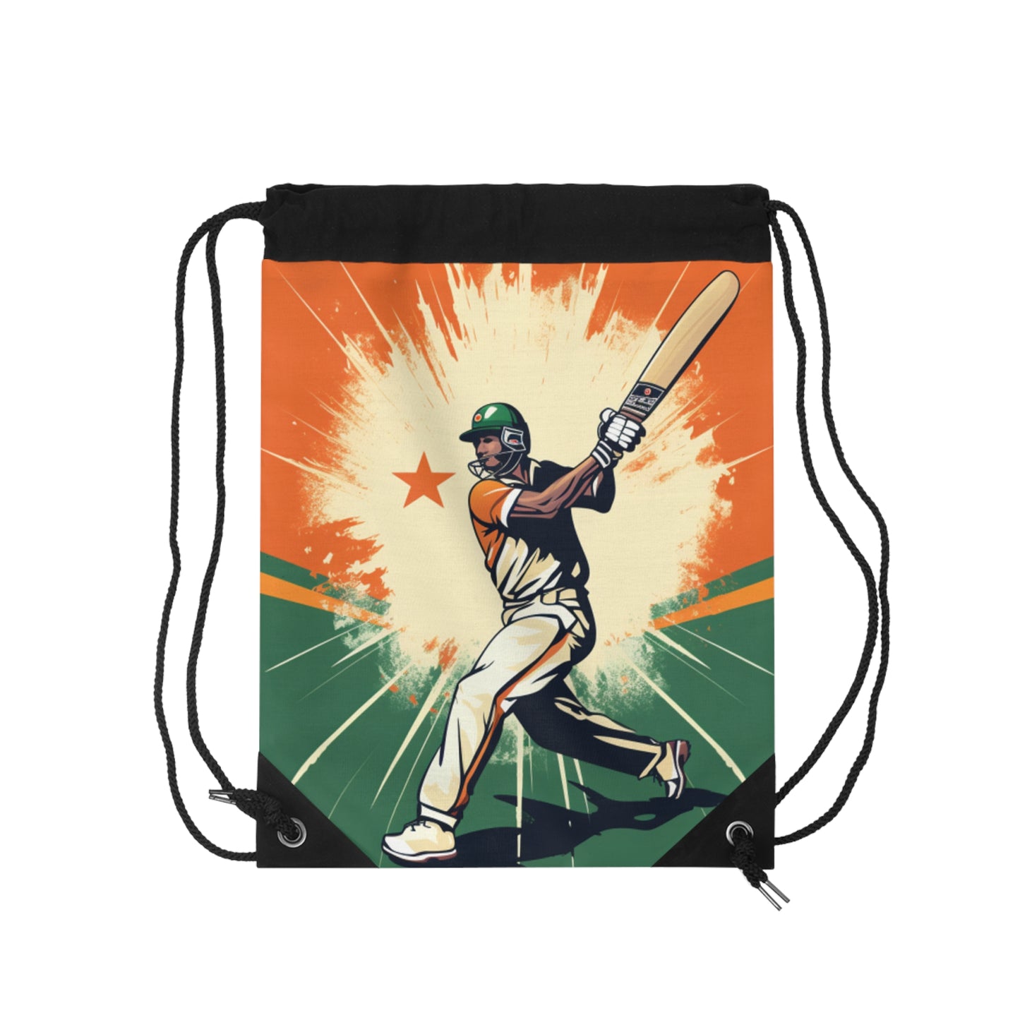 India Cricket Star: Batsman With Willow Bat, National Flag Style - Sport Game - Drawstring Bag