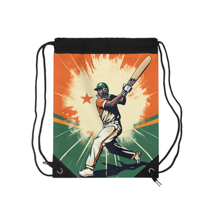 India Cricket Star: Batsman With Willow Bat, National Flag Style - Sport Game - Drawstring Bag