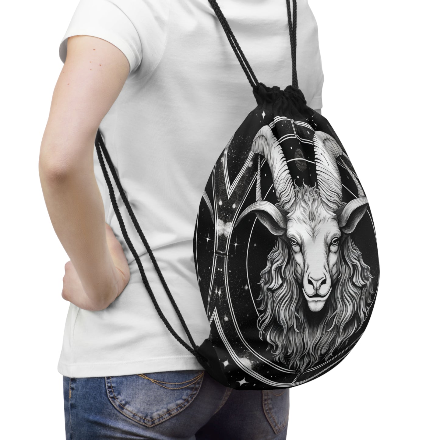 Capricorn Drawstring Bag, Zodiac Black White Goat Design