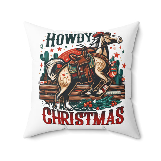 Old West Holiday Cheer - Navidad vaquera con corona festiva y caballo estrellado - Almohada cuadrada de poliéster hilado