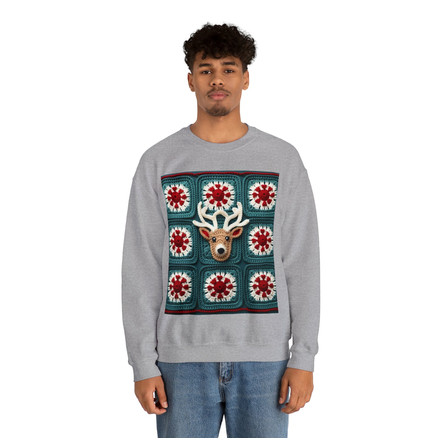 Christmas Reindeer Crochet, Wintry Wonderland Design, Festive Stag Motif. Embrace the Holiday Spirit - Unisex Heavy Blend™ Crewneck Sweatshirt