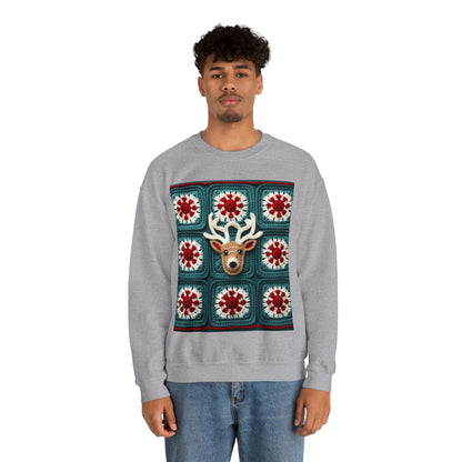 Christmas Reindeer Crochet, Wintry Wonderland Design, Festive Stag Motif. Embrace the Holiday Spirit - Unisex Heavy Blend™ Crewneck Sweatshirt