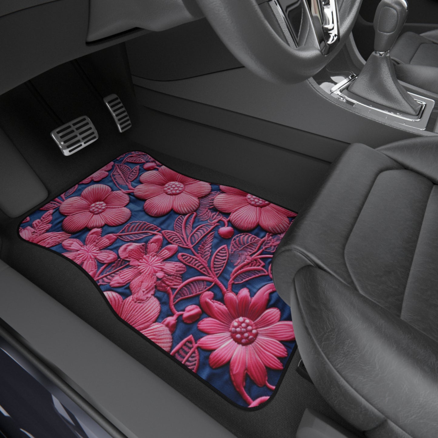 Denim Blue Doll Pink Floral Embroidery Style Fabric Flowers - Car Mats (Set of 4)