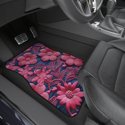 Denim Azul Muñeca Rosa Floral Bordado Estilo Tela Flores - Alfombrillas De Coche (Juego de 4) 