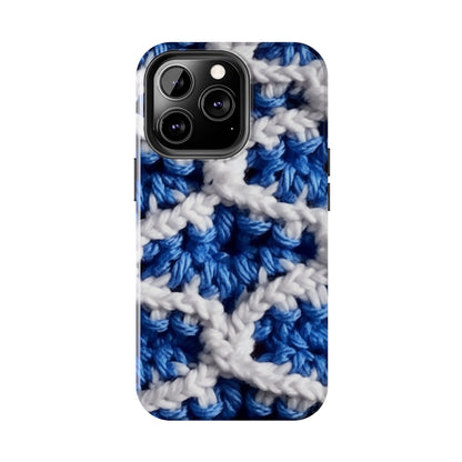 Blueberry Blue Crochet, White Accents, Classic Textured Pattern - Tough Phone Cases