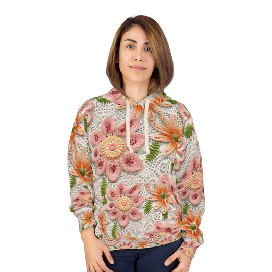 Floral Embroidered Eyelet: Delicate Flower Elegant Pattern - Unisex Pullover Hoodie (AOP)