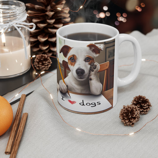 Adorable Dog Writing I Love Dogs, Cute Pet with Pencil Illustration, Animal Lover Artwork, Playful Canine - Ceramic Mug 11oz