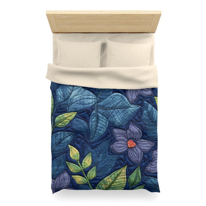 Floral Embroidery Blue: Denim-Inspired, Artisan-Crafted Flower Design - Microfiber Duvet Cover