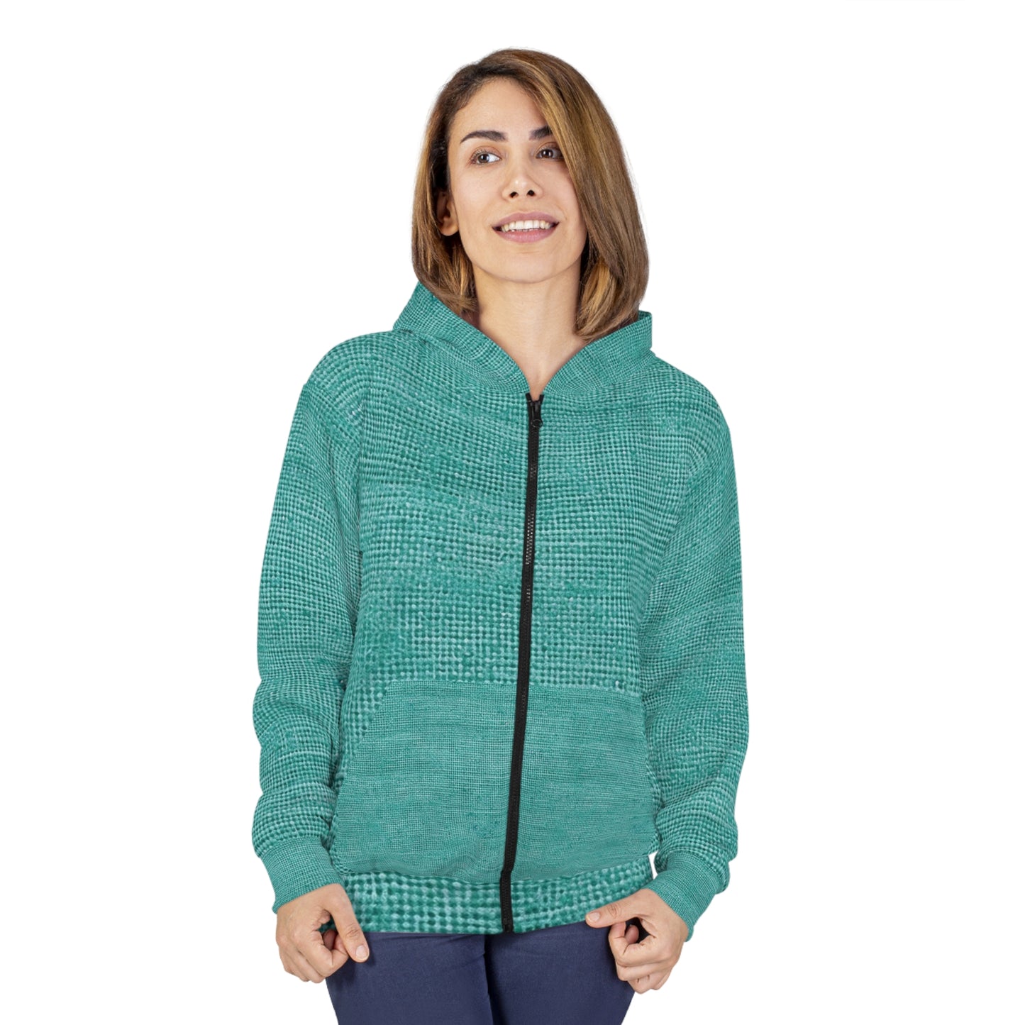 Diseño de tela vaquera color turquesa menta de calidad, material elegante - Sudadera con capucha unisex con cremallera (AOP) 