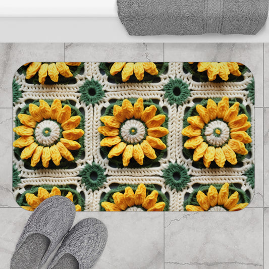 Elegancia de crochet de girasol, diseño Granny Square, motivo floral radiante. Lleva la calidez de los girasoles a tu espacio - Alfombra de baño