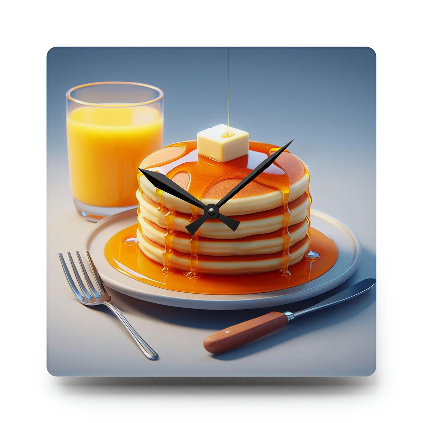 Breakfast  Acrylic Wall Clock - Fluffy Pancakes Stacked Plate, Golden Maple Syrup, Melting Butter, Glass of Orange Juice