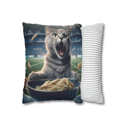 Halftime Football Feline: Screaming Sports Fan Cat Stadium Food Kitten - Spun Polyester Square Pillow Case