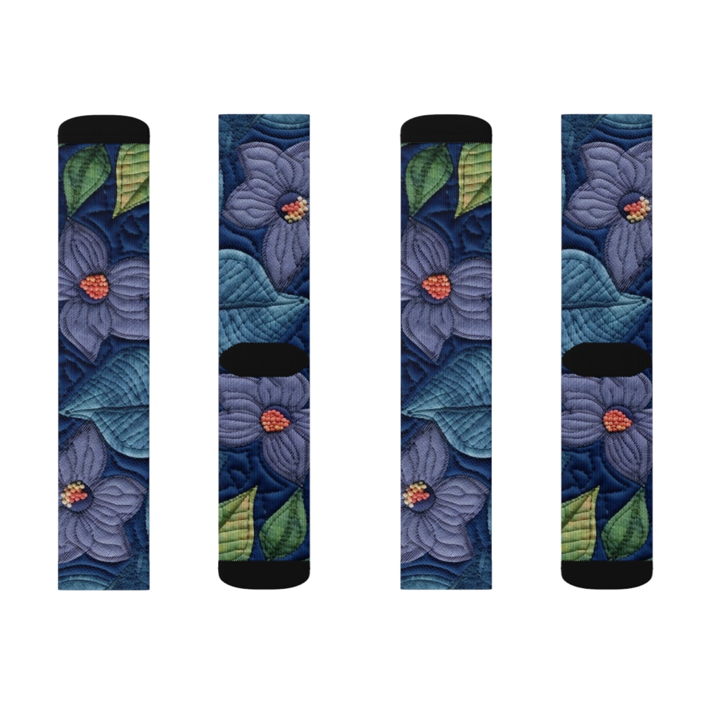 Floral Embroidery Blue: Denim-Inspired, Artisan-Crafted Flower Design - Sublimation Socks