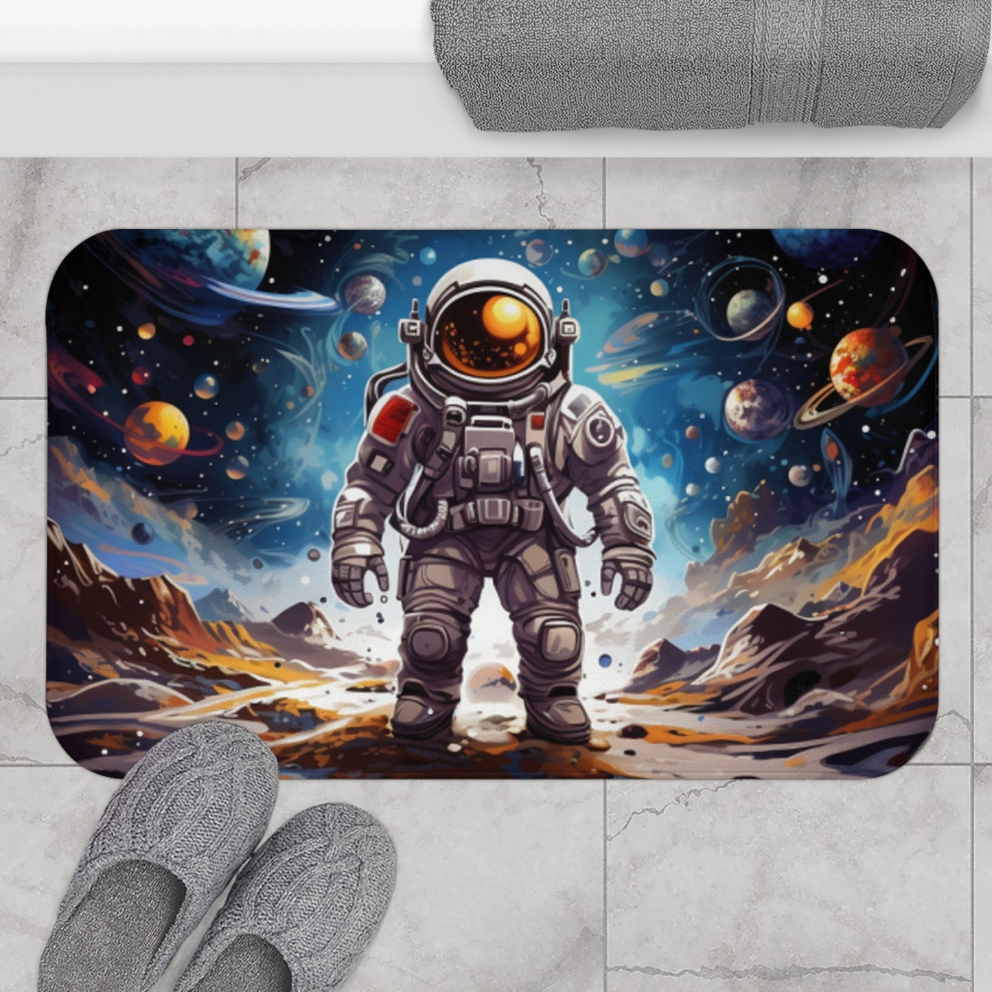 Galactic Voyage: Astronaut Journey in Celestial Star Cosmic Exploration - Bath Mat