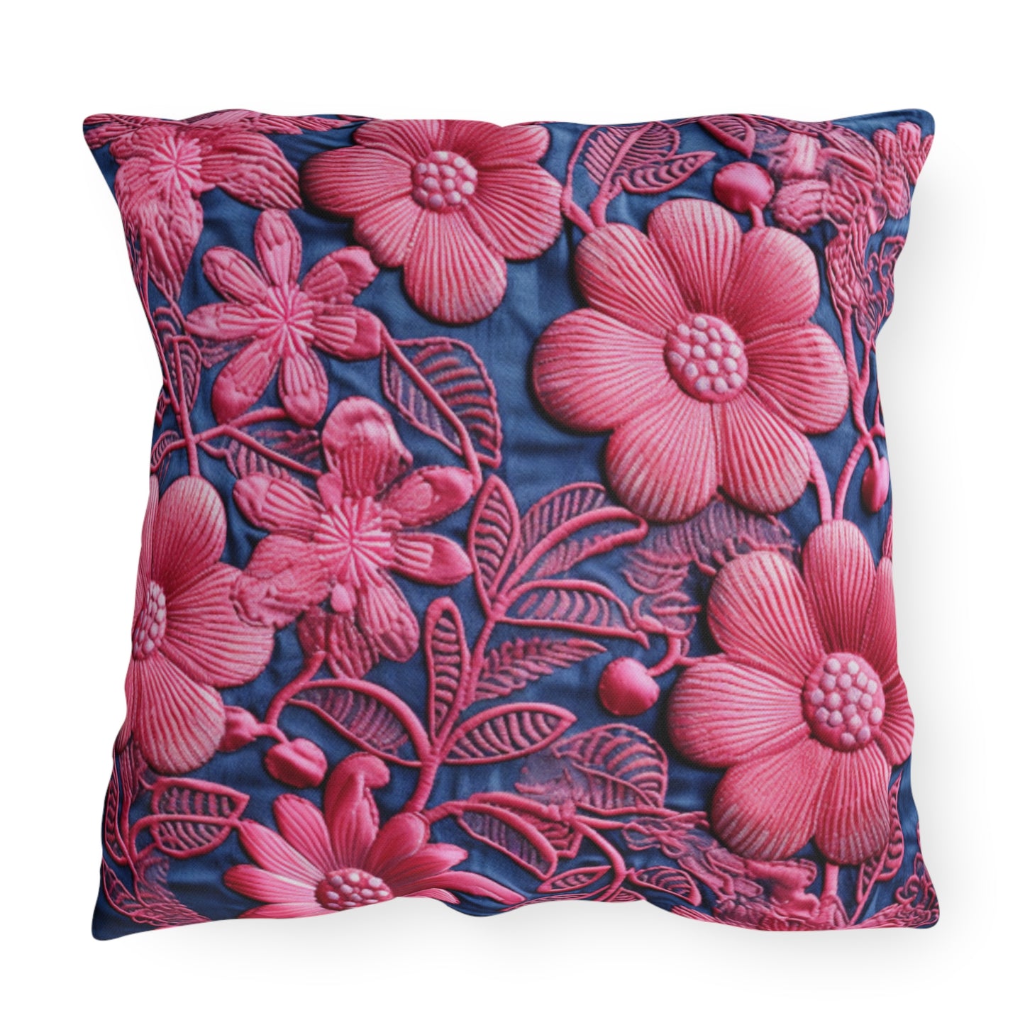 Denim Blue Doll Pink Floral Embroidery Style Fabric Flowers - Outdoor Pillows