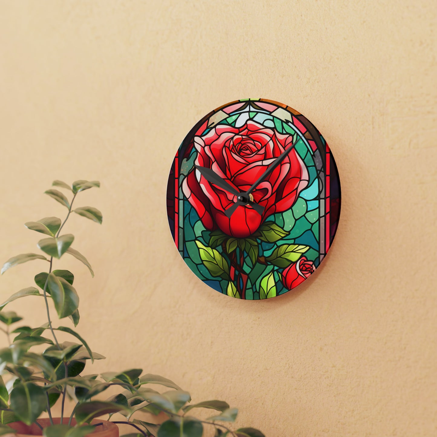 Stained Glass Flower Rose Design - Acrylic Wall Clock