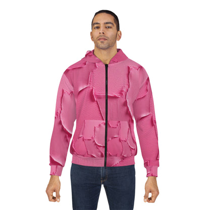 Distressed Neon Pink: Edgy, Ripped Denim-Inspired Doll Fabric - Unisex Zip Hoodie (AOP)