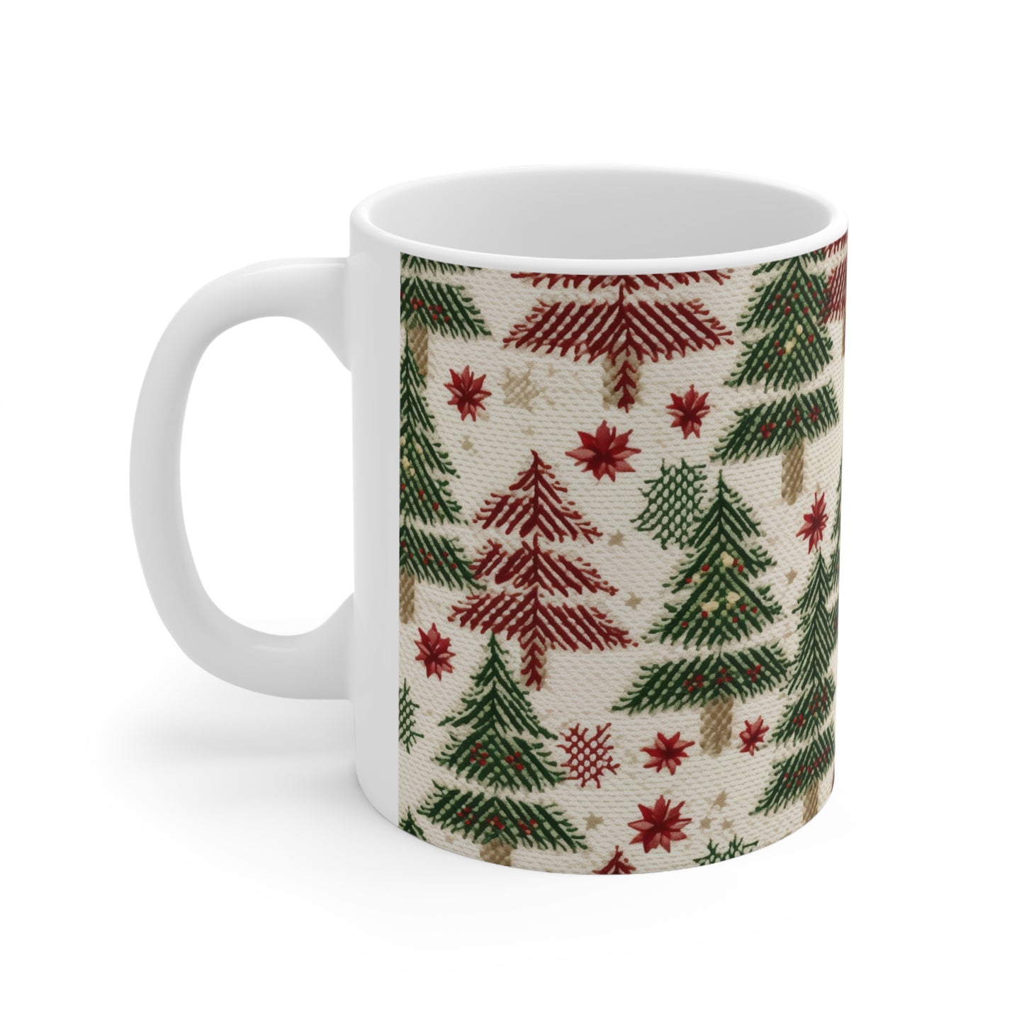 Invierno navideño bordado, costuras festivas, diseño clásico de temporada - Taza de cerámica de 11 oz 