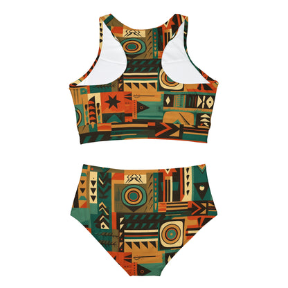 Earthy Tones Geometric Tribal-Inspired Pattern Design Sporty Bikini Set (AOP)