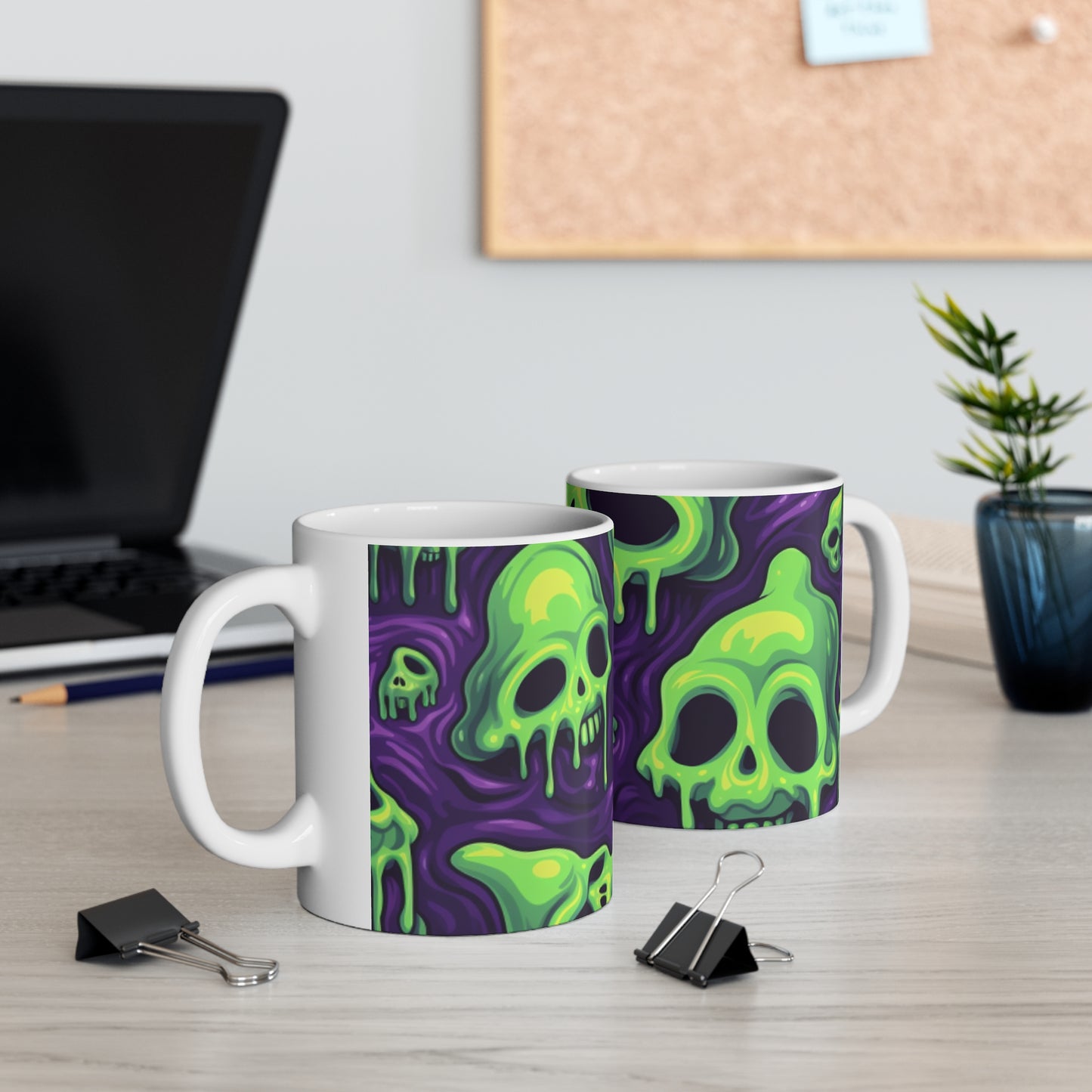 Patrón de terror aterrador de esqueletos verdes de calavera de limo de Halloween - Taza de cerámica 11oz