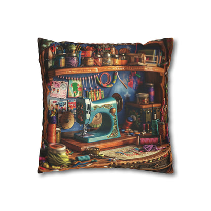 Seamstress Dream: Enchanted Sewing Nook Tapestry, Artisan Craft Room - Spun Polyester Square Pillowcase