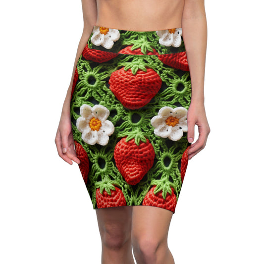 Strawberry Field Crochet - Forever Forest Greens - Fruit Berry Harvest Crop - Women's Pencil Skirt (AOP)