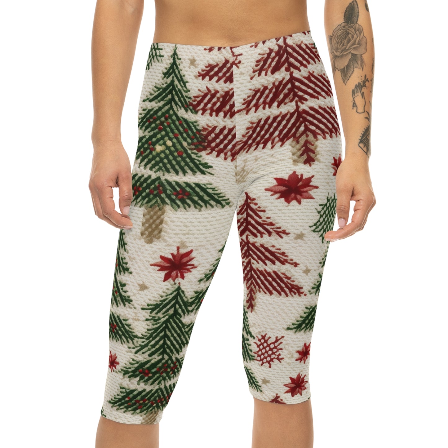 Embroidered Christmas Winter, Festive Holiday Stitching, Classic Seasonal Design - Women’s Capri Leggings (AOP)