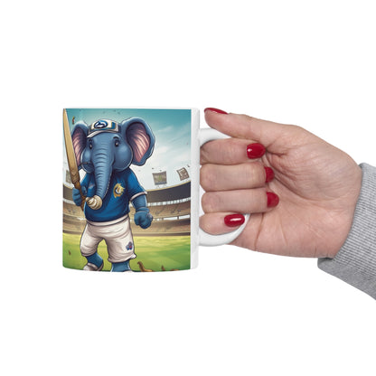 India Elephant Cricket Sport Star: Pitch, Run, Stump Game - Animated Charm - Ceramic Mug 11oz