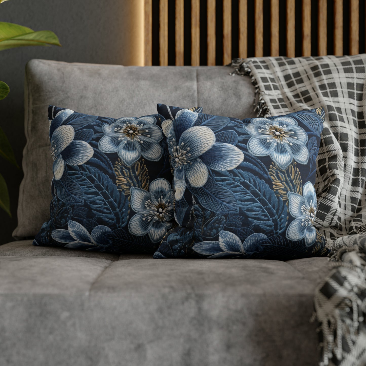 Flower Blossom Embroidery Floral on Denim Style - Spun Polyester Square Pillow Case