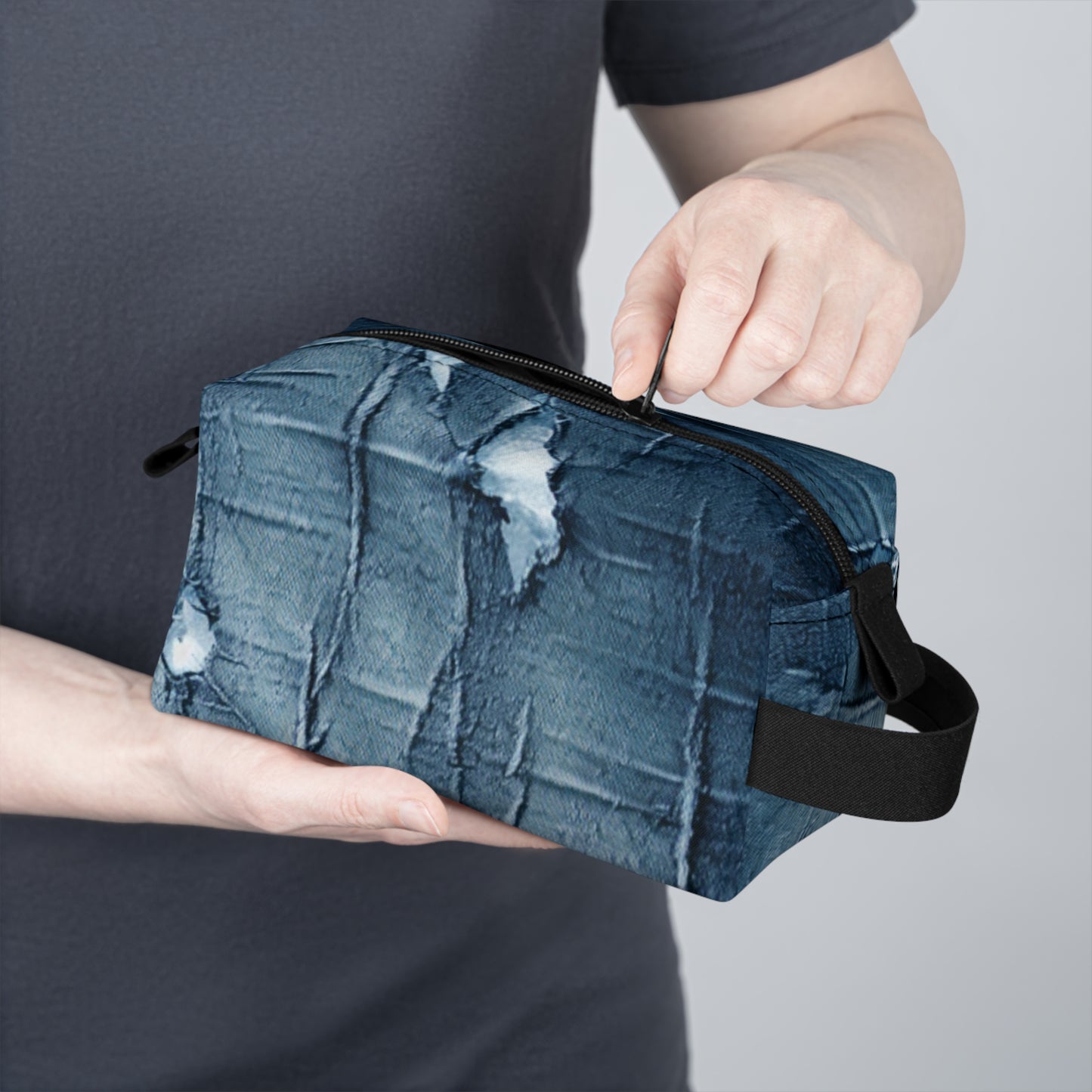 Distressed Blue Denim-Look: Edgy, Torn Fabric Design - Toiletry Bag