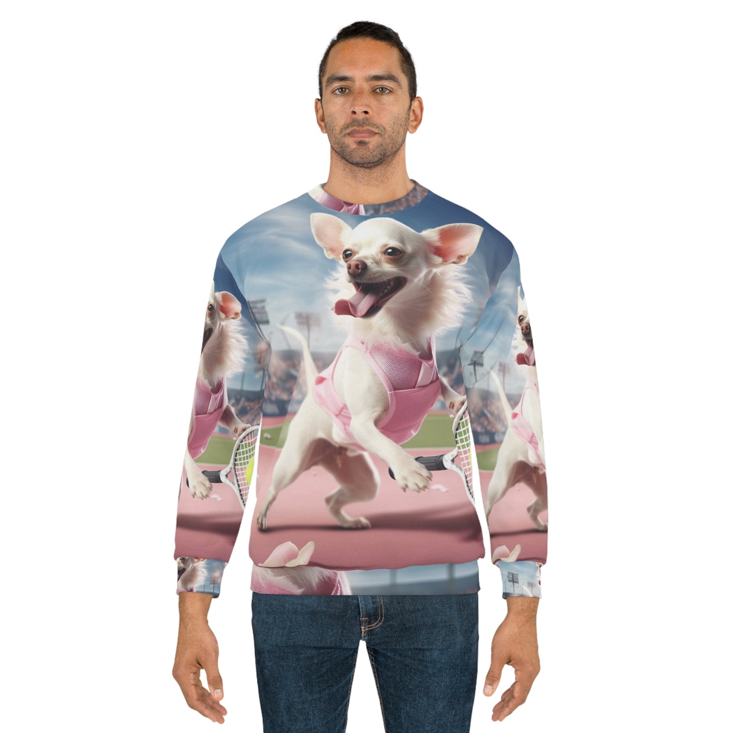 Chihuahua Tennis Ace: Traje rosa para perro, juego deportivo atlético de cancha - Sudadera unisex (AOP)