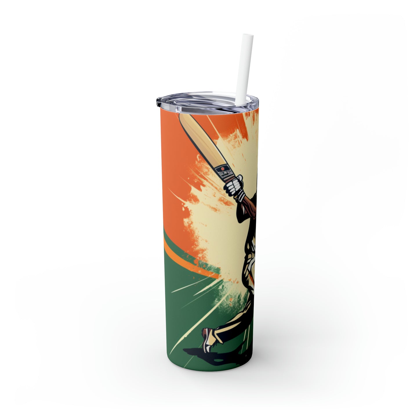 India Cricket Star: Bateador con bate de sauce, estilo bandera nacional - Juego deportivo - Vaso delgado con pajita, 20 oz